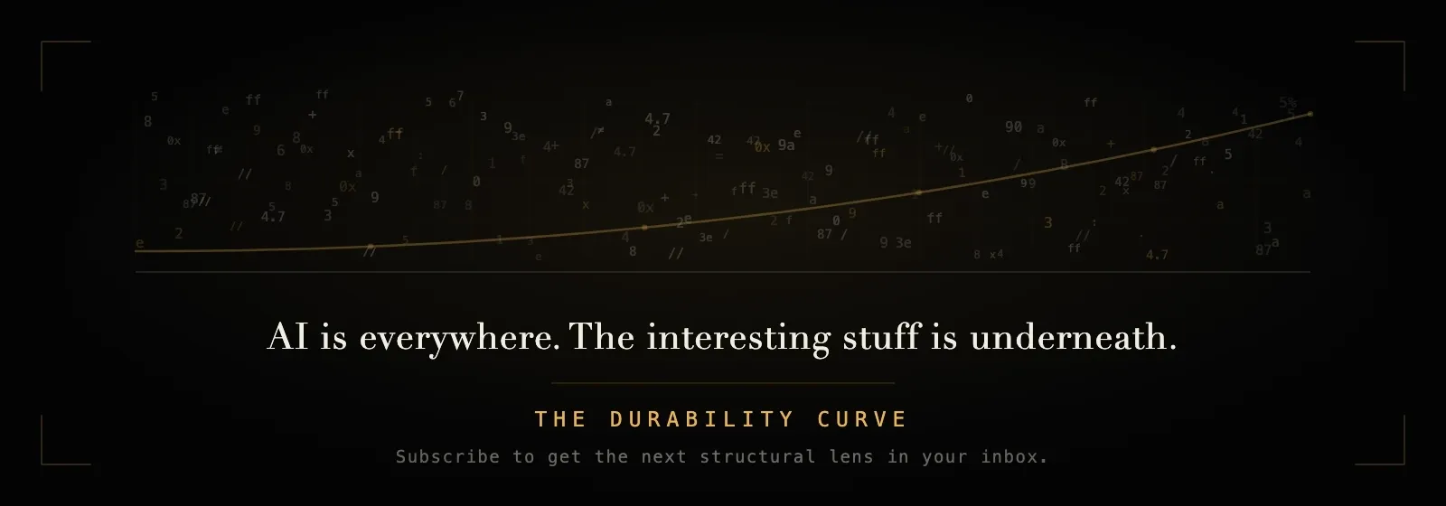 Banner for The Durability Curve. A dense surface of scattered figures and fragments drifts across the top of the frame; beneath it a fine lattice holds a rising gold curve. As the surface thins, the curve and its markers brighten into view, so the picture performs the publication's line about the interesting material sitting under the surface. Beneath the artwork the banner carries the publication name and an invitation to subscribe.